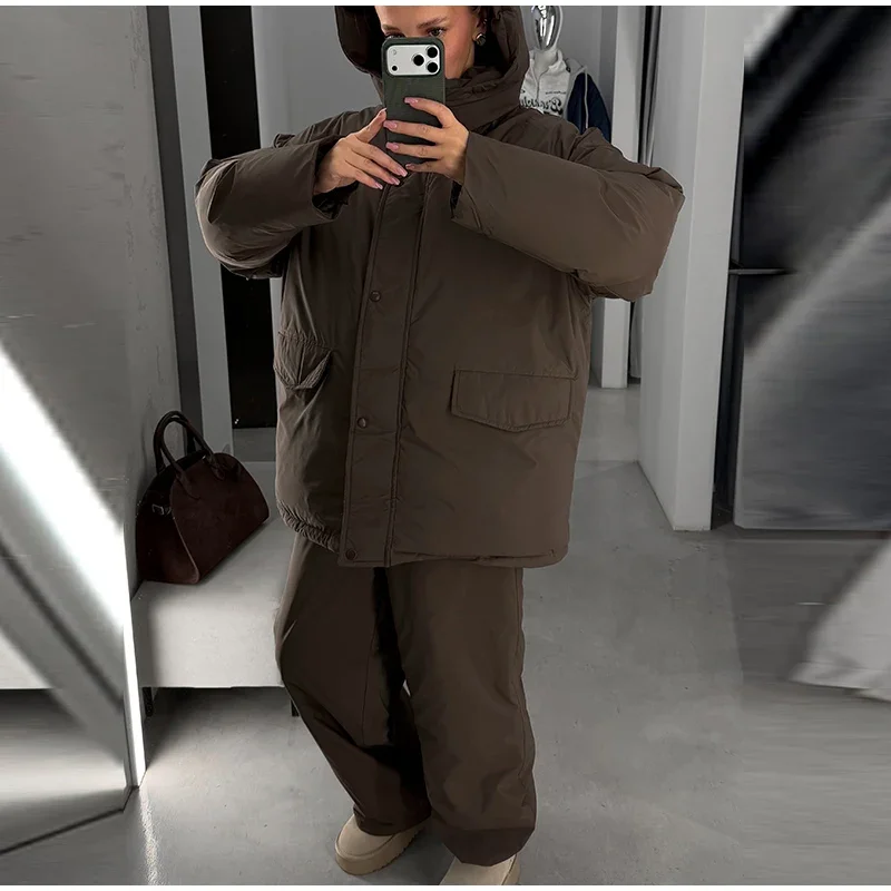 Damen-Winterhosen-Sets, Kapuzenjacken mit langen Ärmeln und Reißverschluss, übergroße, wattierte Jacken, Hosen mit weitem Bein, Herbst-Outfits für Damen, einfarbig, locker geschnitten. – Detail 16