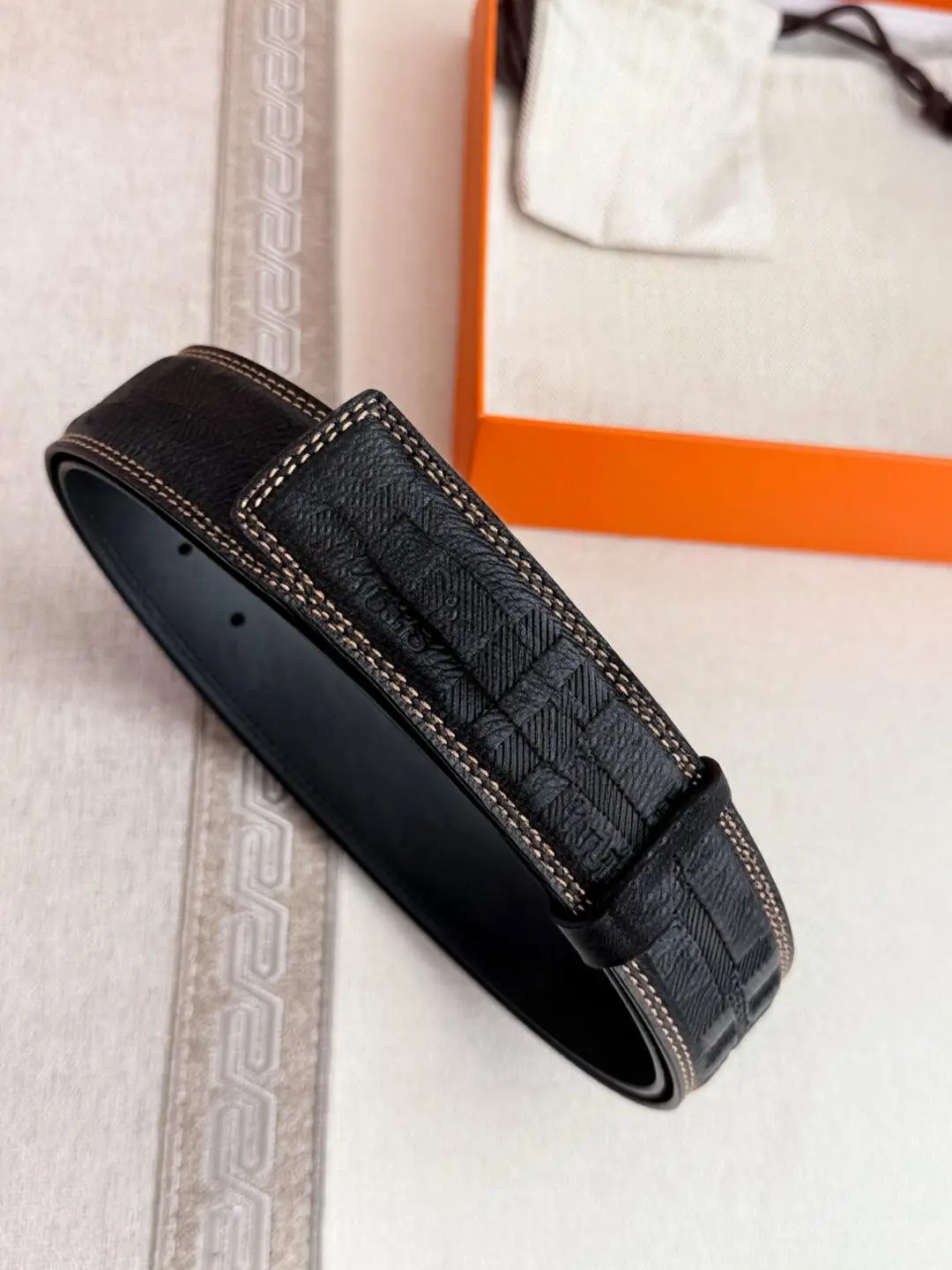 Unisex Reversible Black Embossed Pattern Leather Belt Strap Without Buckle, Smooth Black Inner, Pre-punched Holes, Cowhide Waist Belt Replacement Band