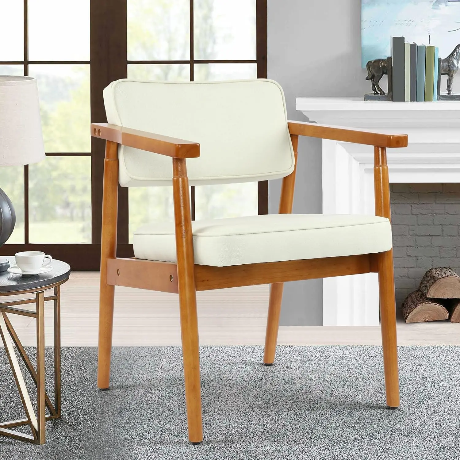 

Mid Century Dining Chairs Set of 1, Beige Linen Fabric Upholstered Armchair with Wooden Handrail, Comfy Backrest Modern Kitchen