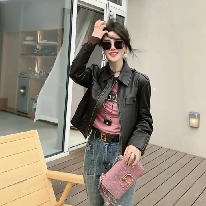 Daitong Skórzana Kurtka Damska z Naturalnej Skóry, Kurtka Motocyklowa z Kwadratowym Kołnierzem, Nowa Skórzana Kurtka z Cielęcej Skóry Sle eepskin na Rok 2023