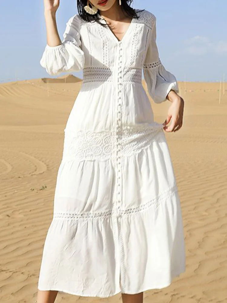 

Long Dress Women Summer Bohemian Lace Dresses Ladies White Holiday Dress Female Fashion V-Neck Casual Loose Hollow Out Vestidos