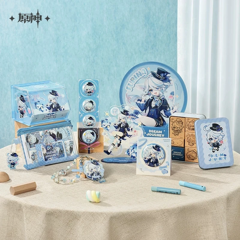 Mercancía oficial del juego Genshin Impact, serie de anime “Starry Dream Journey”, set de figuras de Furina (pin y figura de pie)
