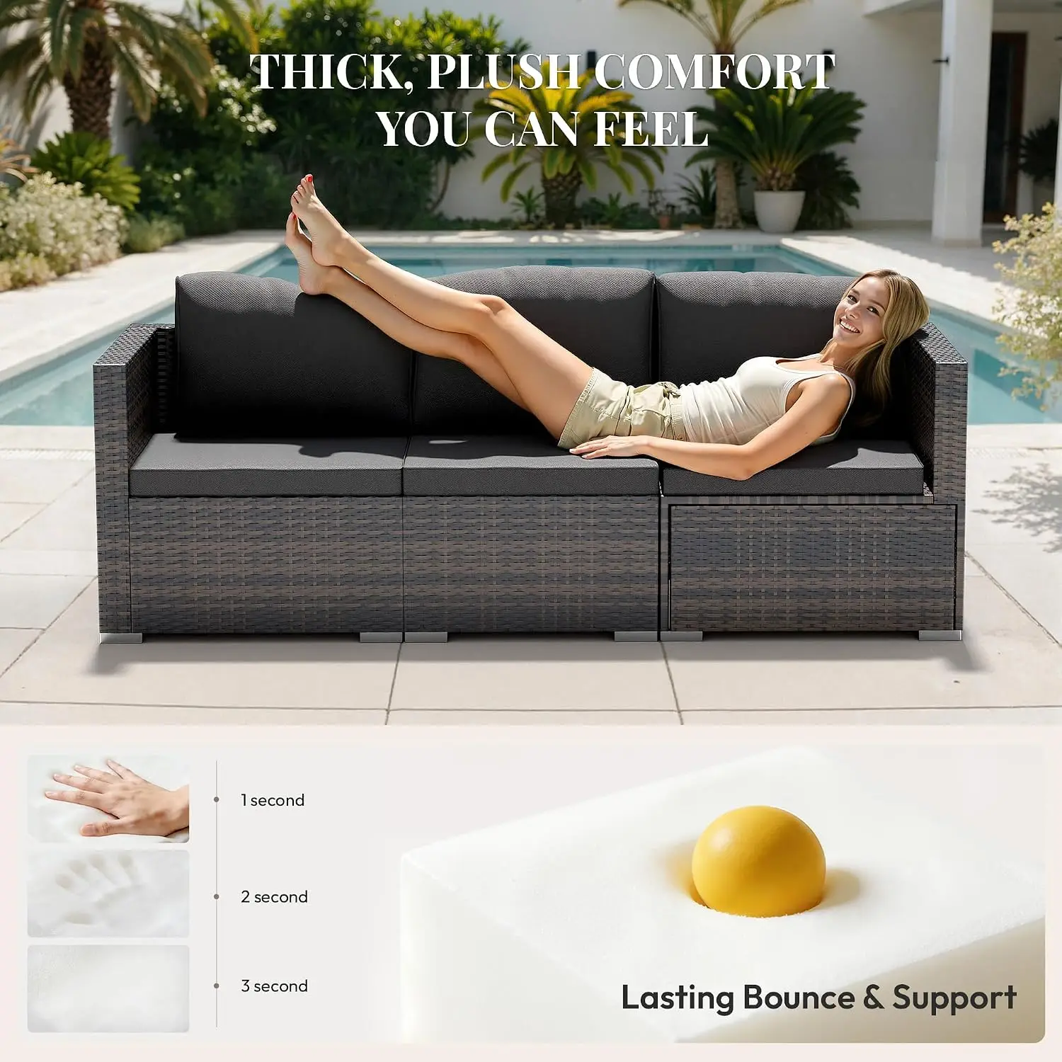 Wide Armrests Wicker Patio Furniture Set, All-Weather Outdoor Sectional Sofa for Garden & Poolside, 5 Piece, Customized