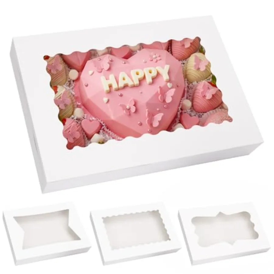 Cajas para Galletas de 16x11x2.5 Pulgadas, Cajas de Panadería con Ventana de 3 Estilos para Pasteles, Tartas, Muffins, Fresas Cubiertas de Chocolate