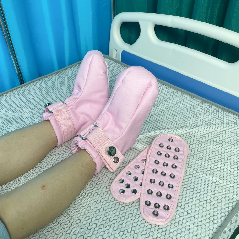 Pink Restraint Shoes Magnetic Locking Booties with Adjustable Ankle Belt Spiked Insoles for Patients Care Medical Footwear