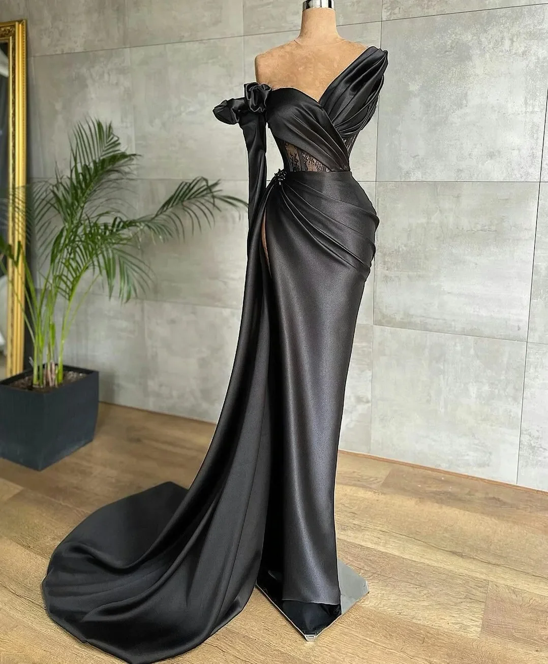 

Happy Dress Custom One Shoulder Special Party Dress Long Sleeves Lace Appliques Corset Mermaid Sheath Satin Black Evening Dress