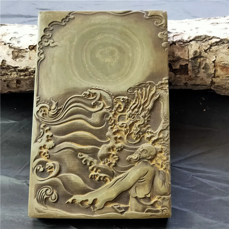 

Original Stone Inkstone, Four Treasures of the Study, Immortal Pattern, 20 in Length, 13 in Width, Exquisite Carving Craftsman