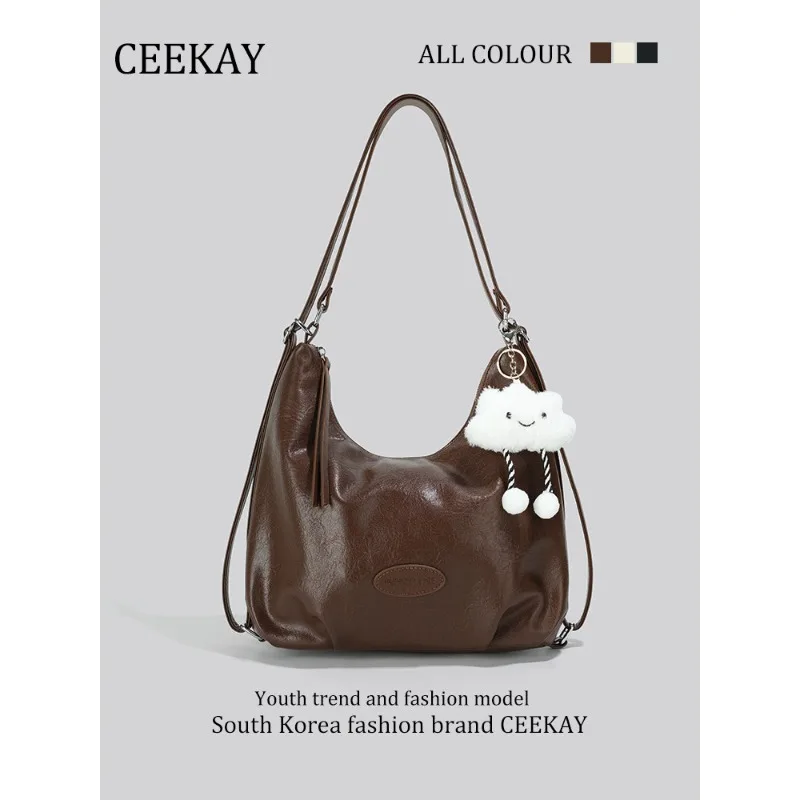 

2026 New CEEKAY Hobo Bag, Oil Wax Leather Ruched Shoulder Bag, Cute Cloud Pendant Tote Bag for Women Large Capacity Tote