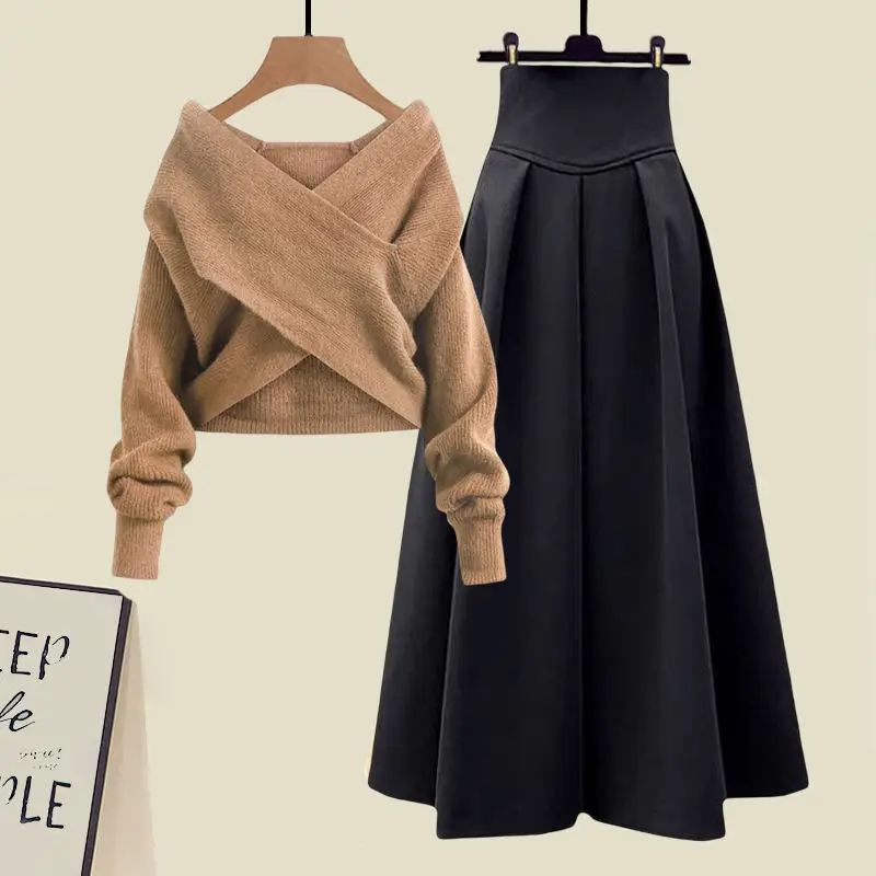 2023 Fall Winter Women Warm Knitted Sweater 2 Pieces Set Women Solid Color Long Sleeve Pullovers Sweater & Pleated Skirts Suit