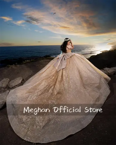 Champagnefärgad Hjärtformad Quinceanera Klänningar Balklänning Pärlapplikationer 2025 Födelsedagslyxig Klänning Rosett Festklänning Sweet 15 Anpassad 8 best sales champagnefärgade quinceanera-klänningar - №6