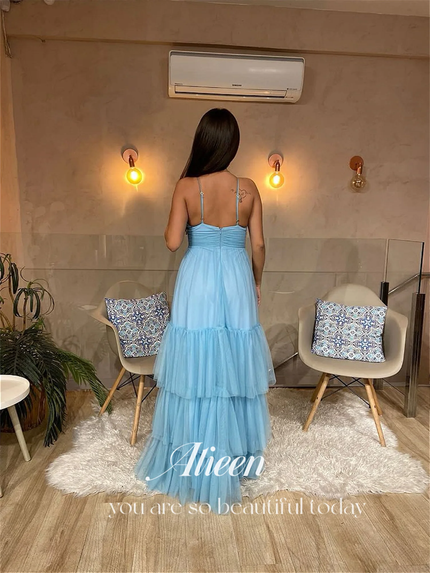 Aileen Multi-layer Light Blue Backless V-neck Wedding Dress Women Elegant Party Brand Dresses for Formal Occasions Prom Gown