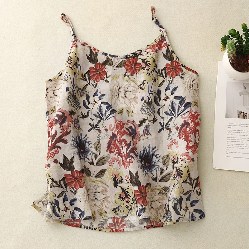 Vintage Floral Print Boho Style Cotton Linen Camisole Tank Top Women Summer Adjustable Strap Sleeveless T-shirt Elegant Lady Top