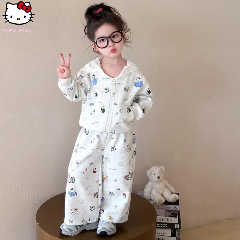 

Hello Kitty Girls Hooded Lace Cardigan Set Kawaii Spring Autumn New Anime Jacket Wide Leg Pants Cartoon Sanrio Sport Set Fashion