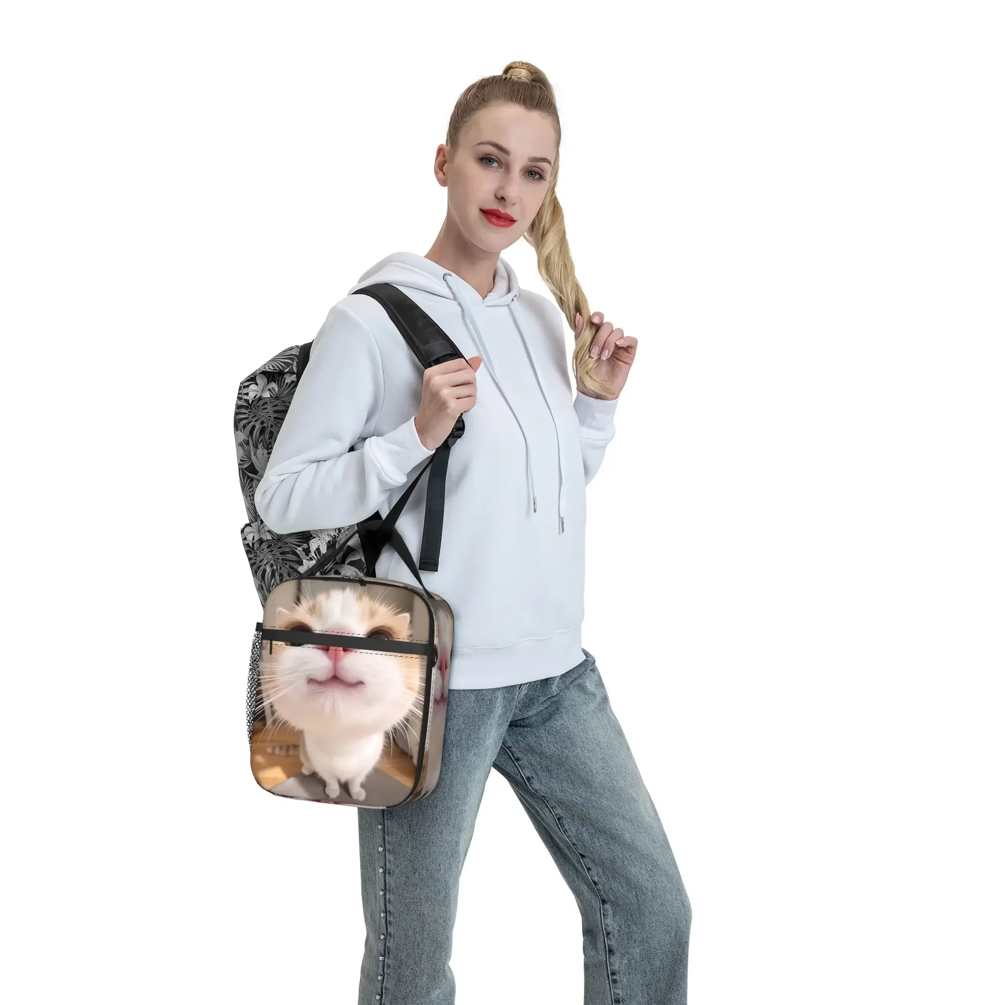 Kawaii Playful Cat Sticking Out Tongue Lunch Bag Lunch Box For Men Leisure Designer Thermal Tote Handbags Zipper Cooler Bag