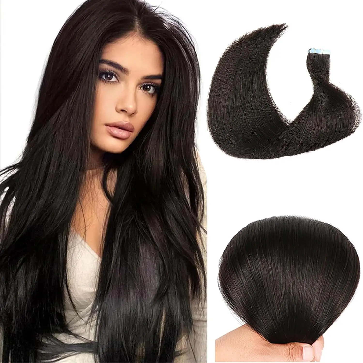 18 Inch Tape in Hair Extensions Real Human Hair Natural Black Tape in Straight Invisible Tape in Hair Extensions for Women