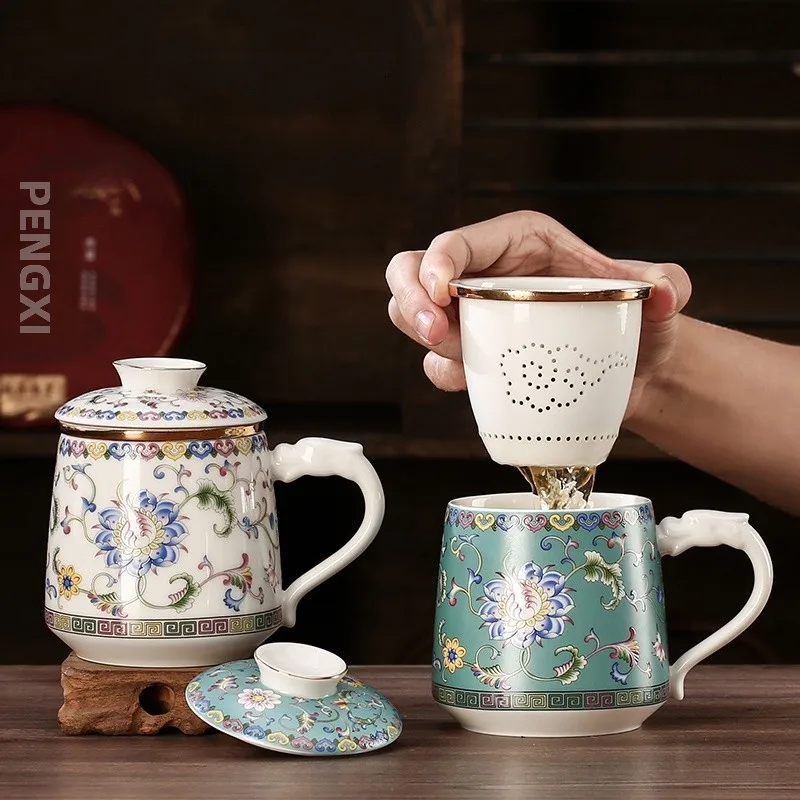 

Large Ceramic Tea Cup with Lid Office Tea Brewing Cup Inner Bowl Tea Water Separation Porcelain Yunnan White Porcelain Cup