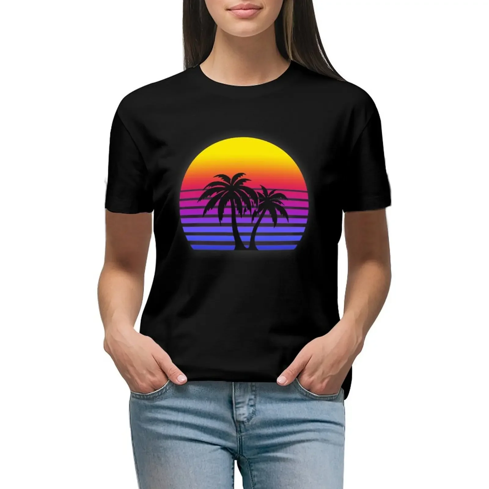 

Synthwave Sun Palm Trees T-Shirt funny cute tops new edition animal print shirt for girls t-shirt dress for Women plus size sexy