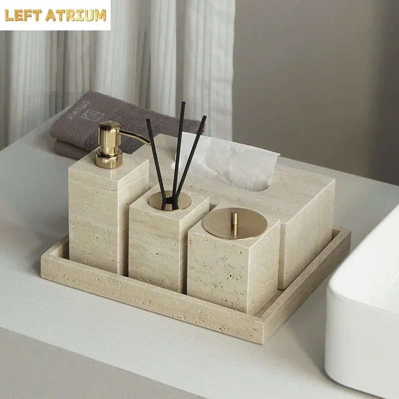 Travertine Bathroom Set Luxury Soap Dish Soap Dispenser Tissue Box Vanity Tray Bathroom Accessories Set
