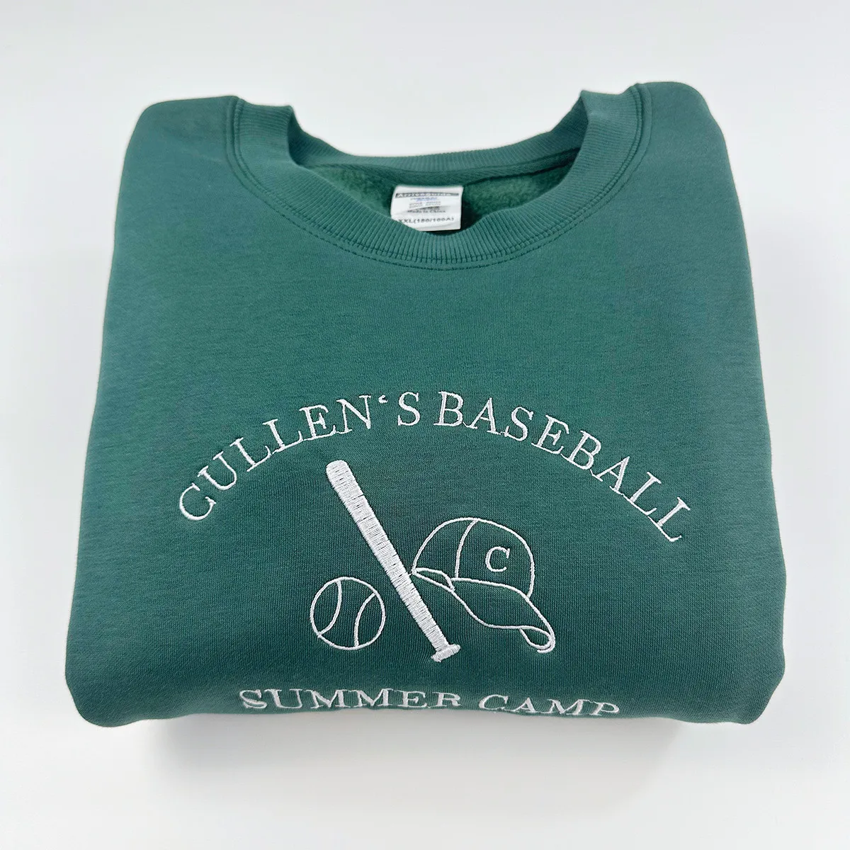 Cullen\'s Baseball Summer Camp Letters Embroidered Green Sweatshirts Long Sleeve Crewneck Thick Pullover Vintage Women Jumpers