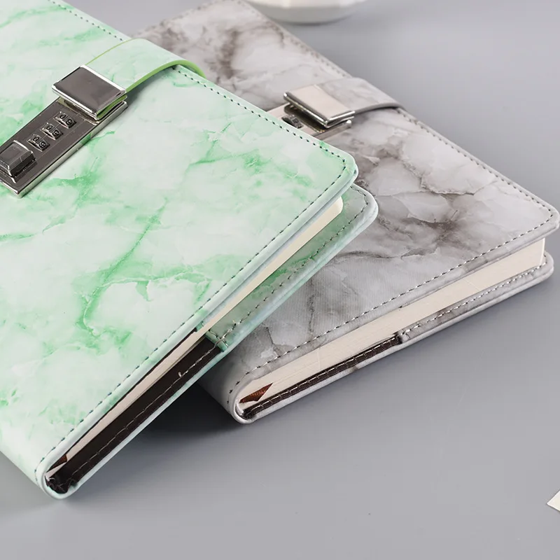 Retro password notebook With Lock marble texture PU leather cover notepad student diary office supplies planning Journal Book