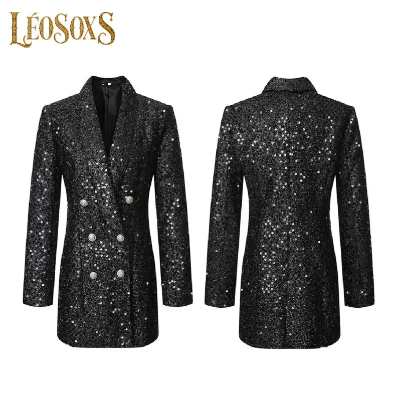 

LEOSOXS 2025 Autumn Black Sequins Women's Formal Jackets Double-breasted Blazers Slim Fashion Outerwear Office Lady Suit Coats