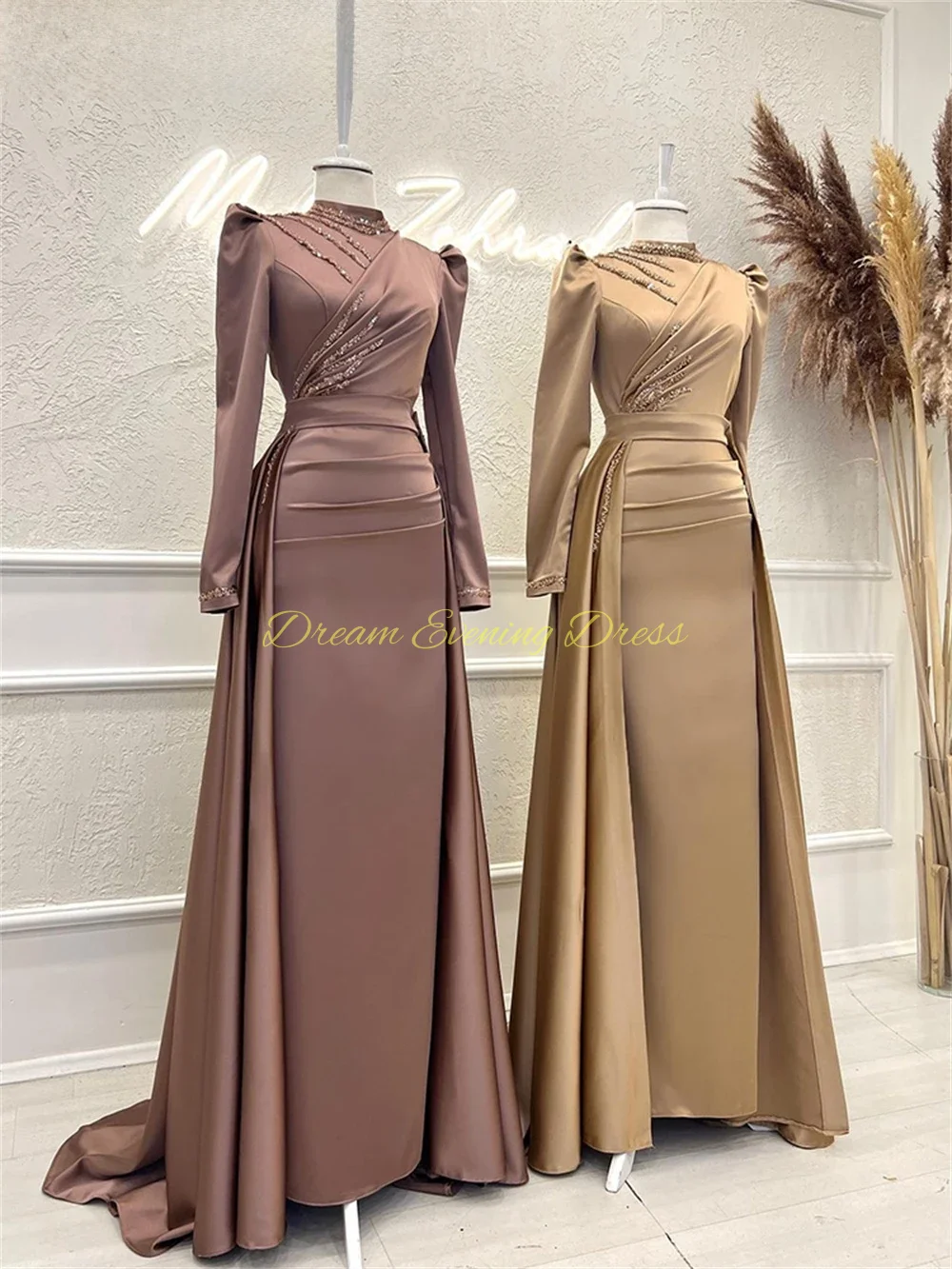 Elegant Dubai Arab Long sleeved High Neck Satin Mermaid Champagne Muslim Evening Dresses with Detachable hem Formal Prom Gown