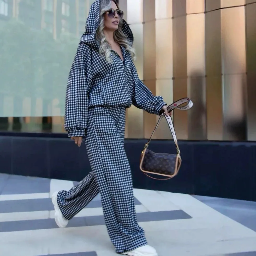 Women's Autumn 2-Piece Set Classic Plaid Zip Bomber Jacket Tops+High Waist Pocket Wide Leg Pants Sets City Street Wear Outfits