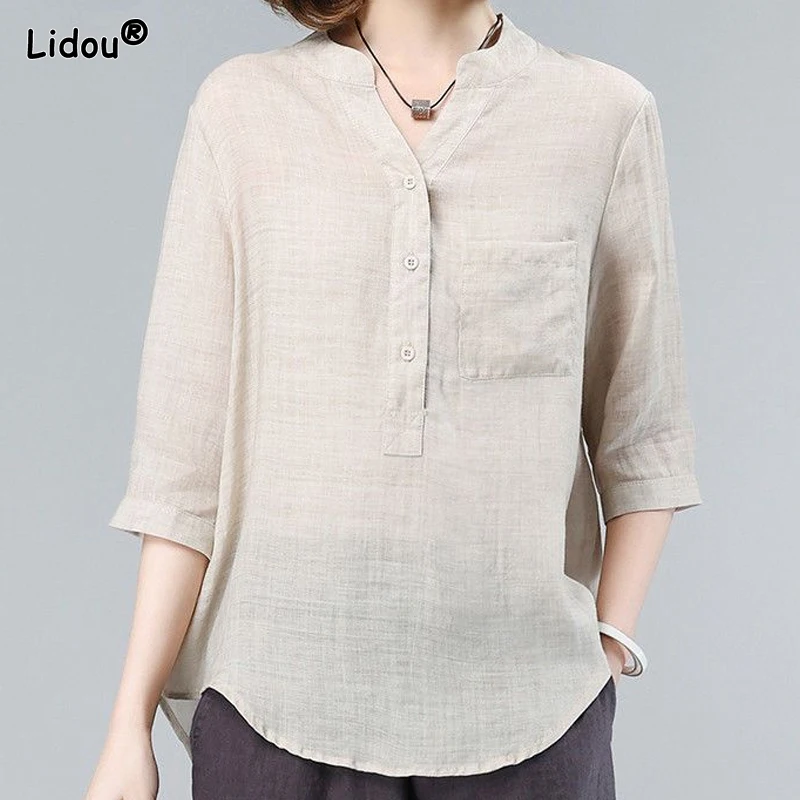 Women\'s Clothing Button Pleated Stand Collar Simplicity Comfortable Solid Three Quarter Sleeve Pockets Casual Elegant Blouses