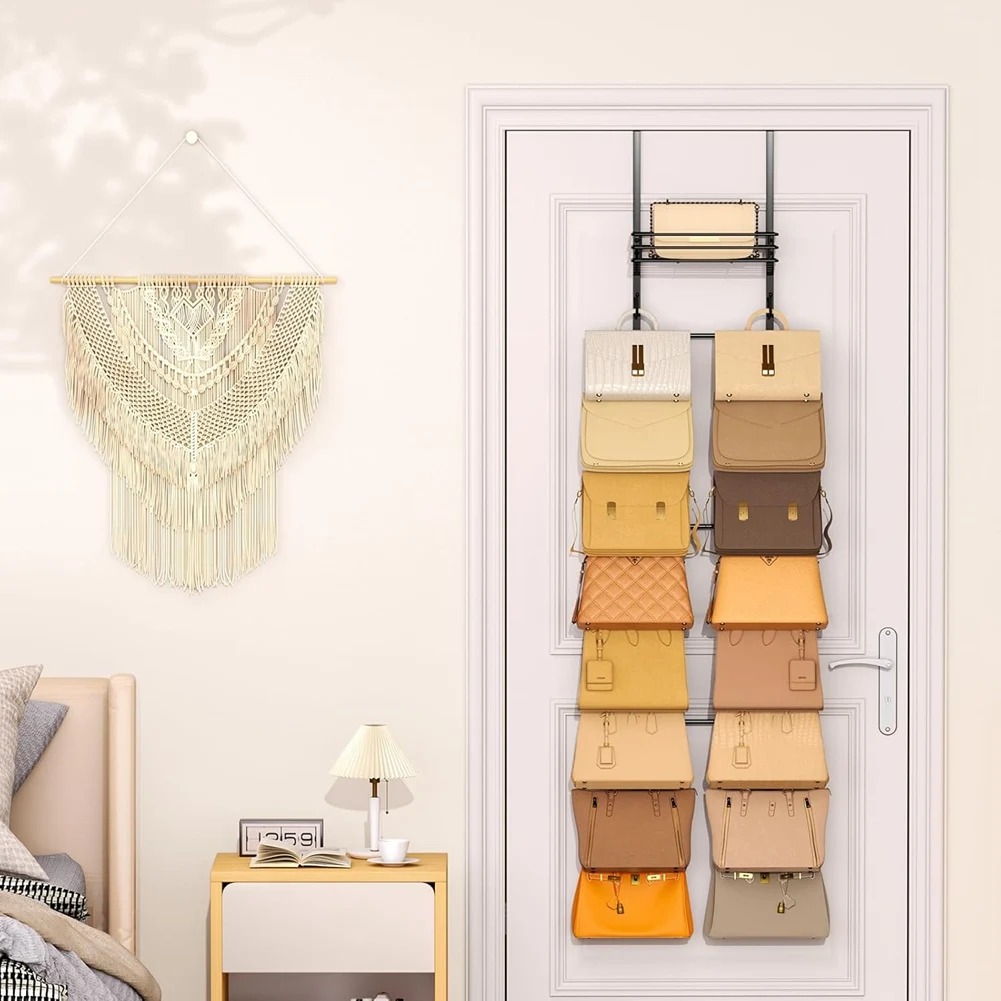 forfor Over the Door Purse Organizer - Wall Mounted Handbag Organizer with 16 Hooks and Metal Basket, Storage Rack Holds
