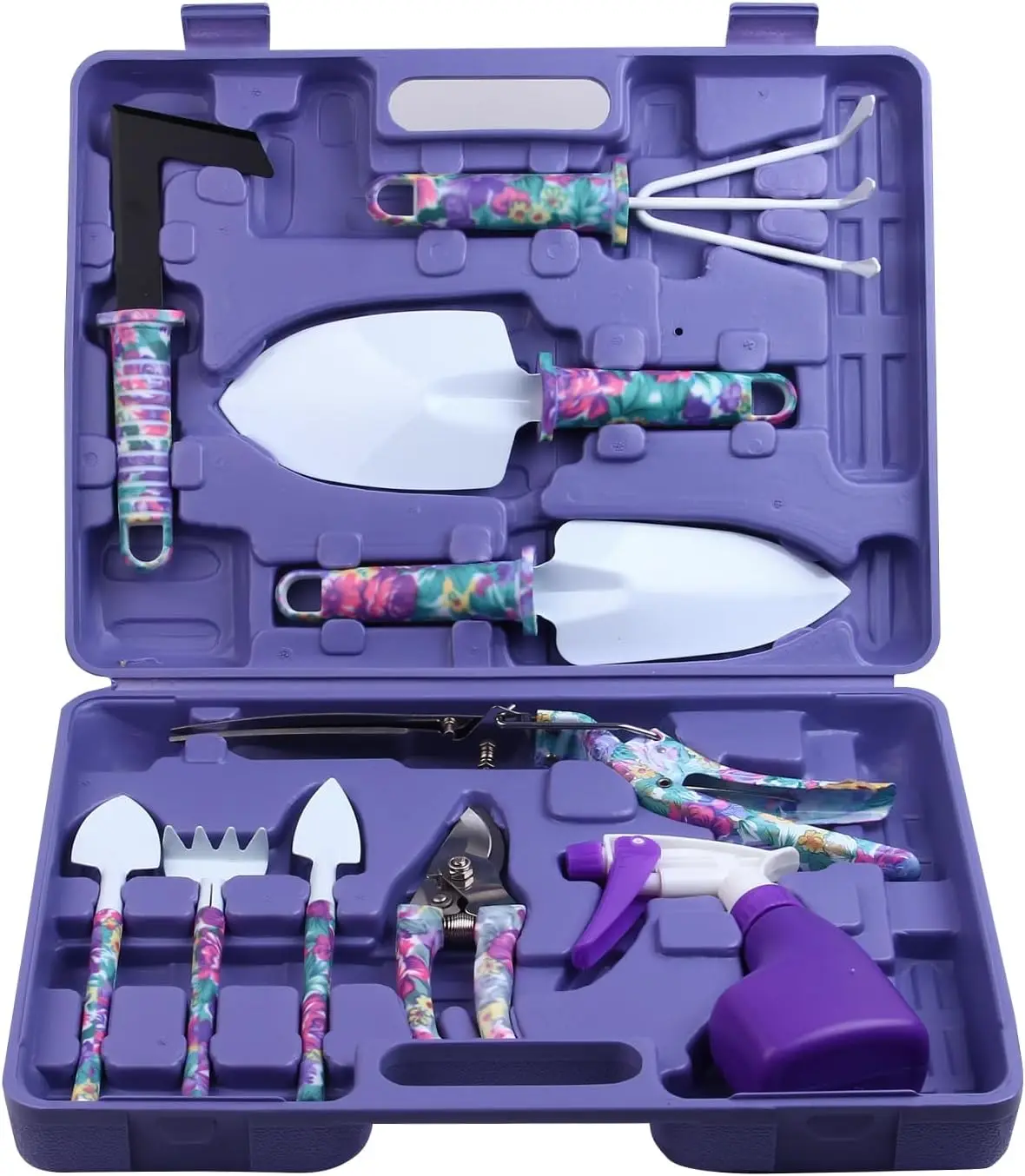 Garden Tools Set, 10 Pieces Gardening Tools with Purple Floral Print, Ergonomic Handle Trowel Rake Weeder Pruner Shears Sprayer,