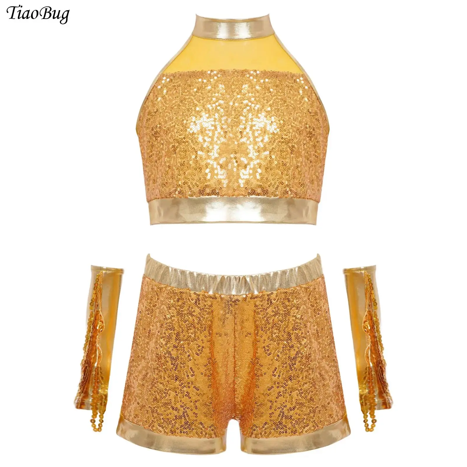 

3Pcs/Set Kids Girls Latin Jazz Dance Outfit Glittery Sequin Sleeveless Keyhole Back Tank Crop Top+Shorts+1 Pair Tassels Gloves