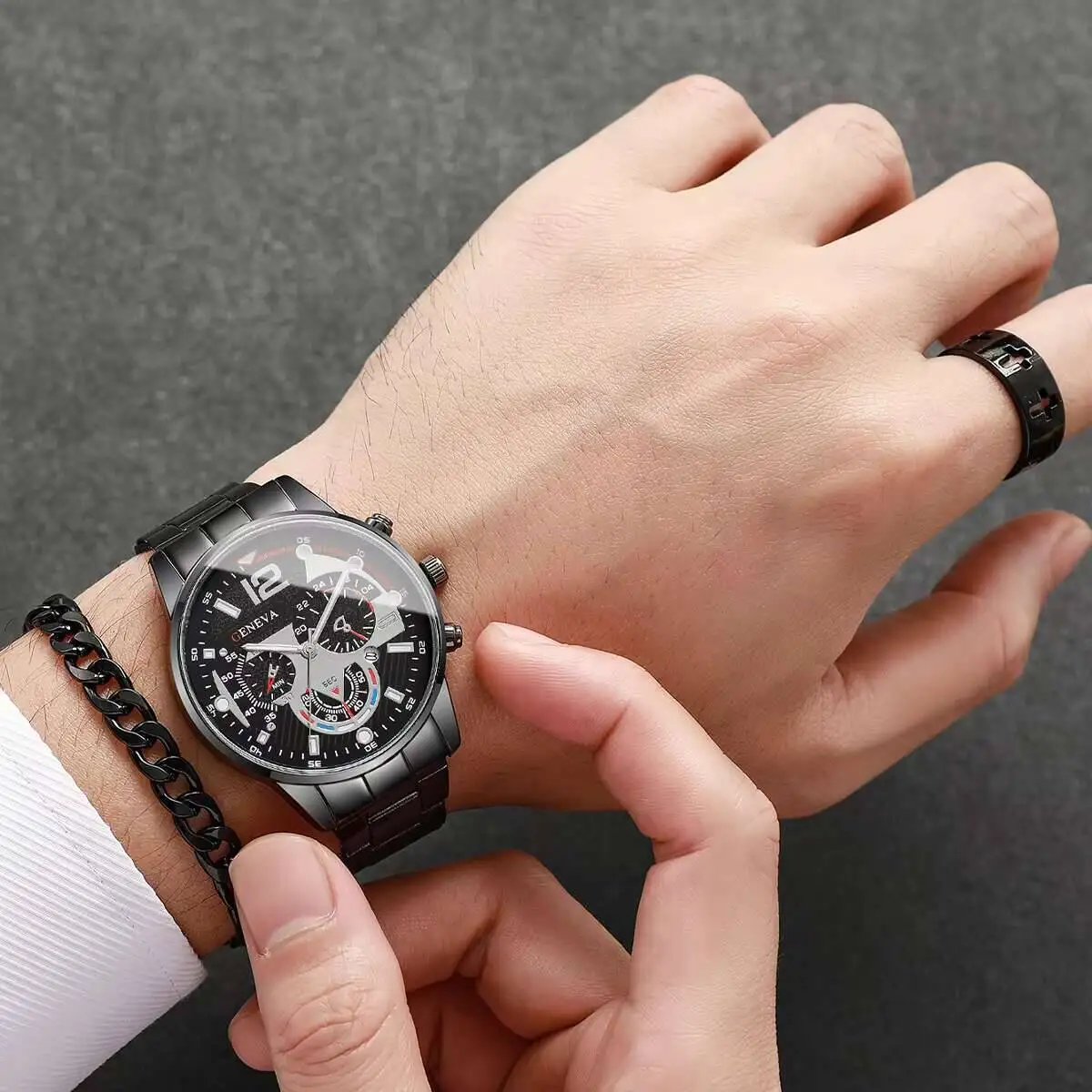 8 قطعة/المجموعة أزياء رجال الأعمال الساعات الفاخرة التقويم كوارتز ساعة اليد طقم مجوهرات للرجال ساعة Reloj Hombre (بدون صندوق)