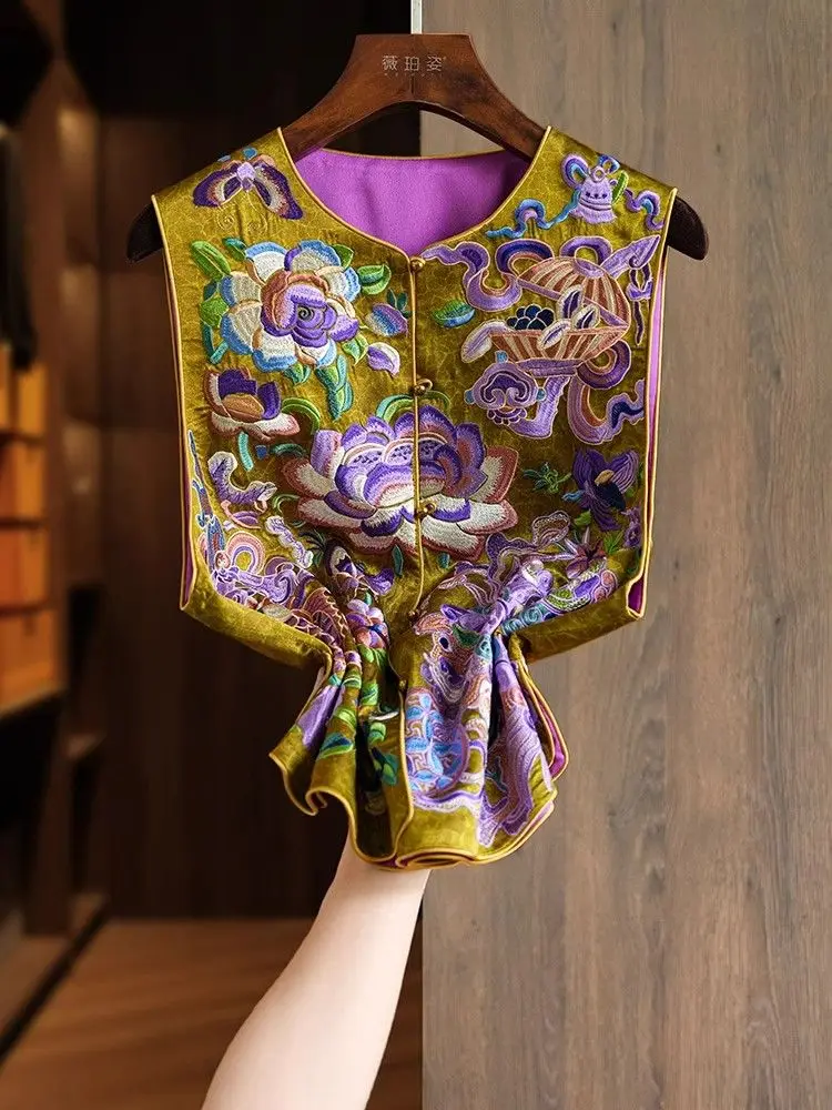 المطرزة الحرير الحرير سترة المرأة جولة الرقبة العرقية نمط التطريز أكمام أعلى الصينية الوطنية