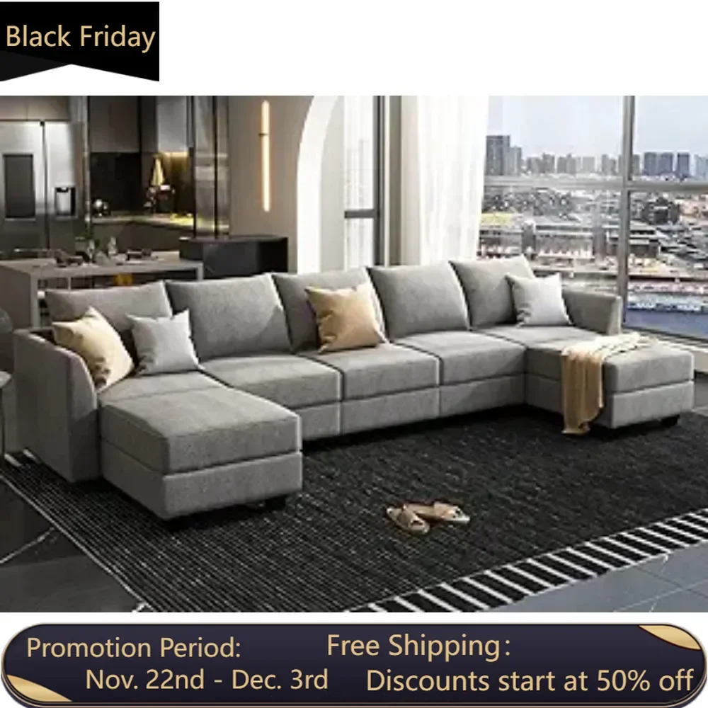 Modern fabric corner 7-seater U-shaped sofa combination with storage space for living room, gray, free shipping