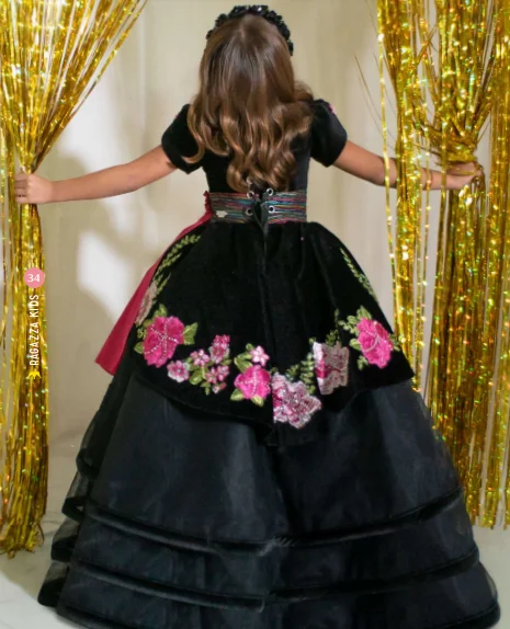 Black Mini Quinceanera Dresses Mexican Tulle Appliques Flower Girl Dresses For Weddings Charro Pageant Dresses Baby Customized