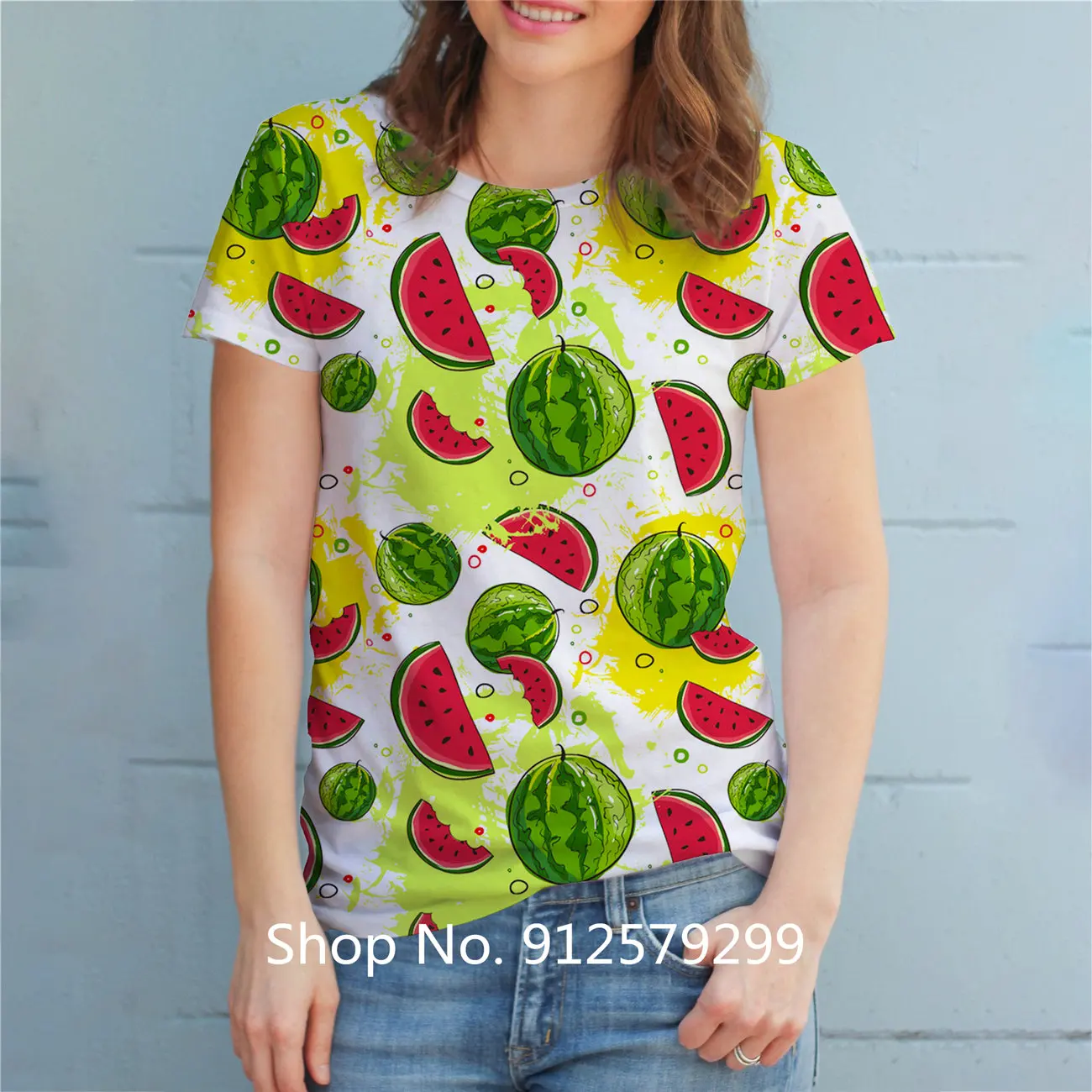 2022 Women's Fashion T Shirt Casual Short Sleeve Watermelon Printing Tee Shirt Round Neck Tops