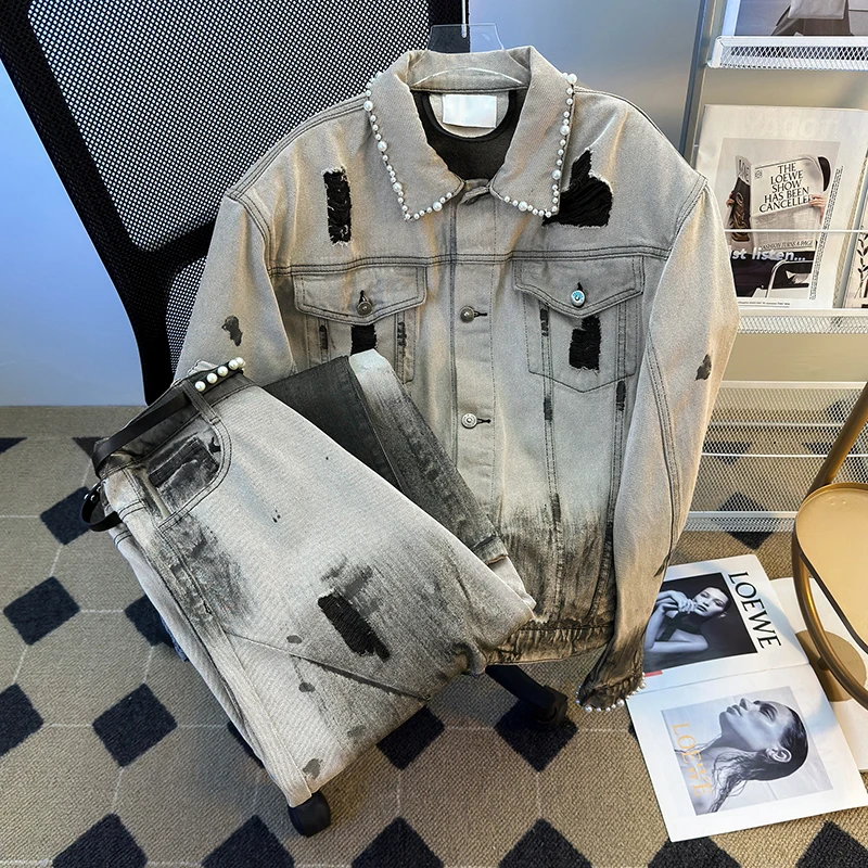 

Beading Ripped Jacket Wide Leg Jeans Men Autumn New Denim 2 Pieces Set Fashion High Street Tie Dye Coat Retro Trousers Sets