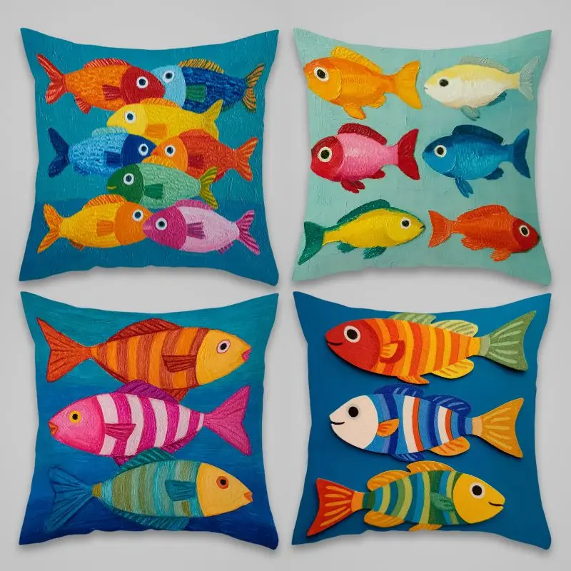 Fun Tropical Fish Print Throw Pillow Covers Set of Four Ocean Life Nautical Coastal Home Decor Cushions Printed Artwork