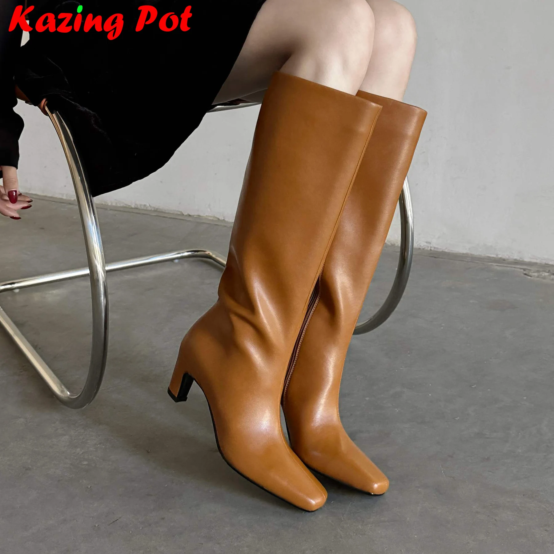 

Krazing Pot Cow Leather Square Toe High Heels Modern Long Boots Winter Shoes Luxury Elegant Dating Concise Women Knee-high Boots