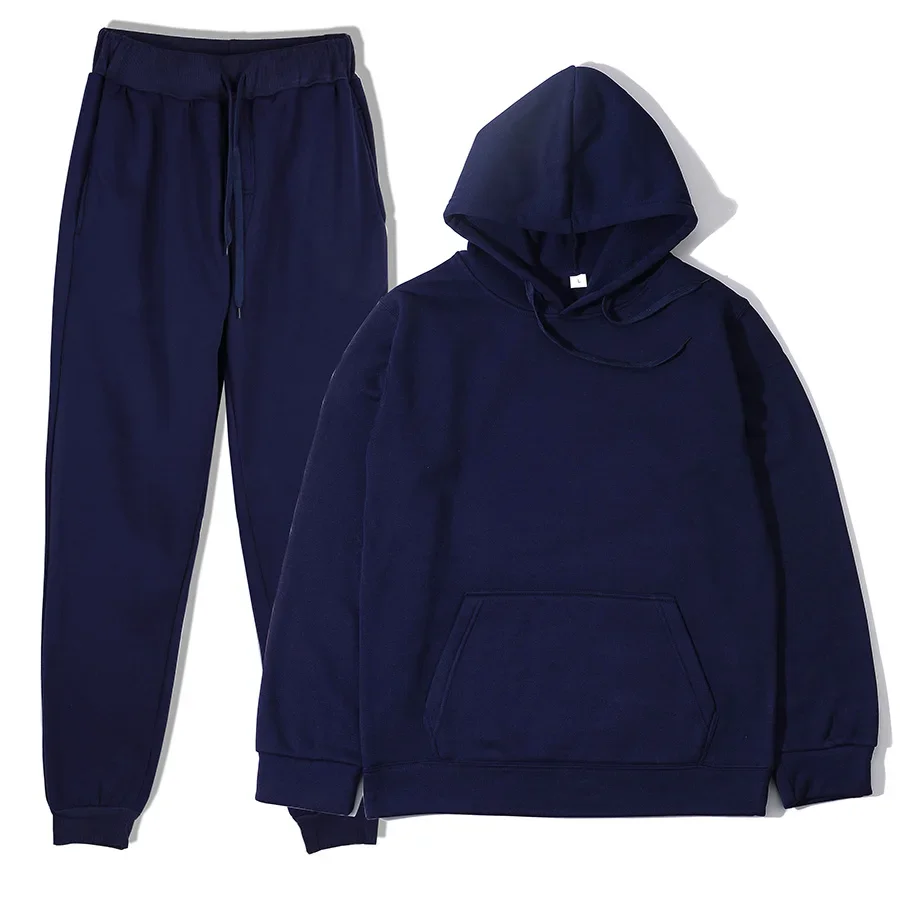 Men Women Tracksuit Autumn Casual Solid Long Sleeve Pullovers Long Pants Two Piece Sets Oversized Fleece Hooded Sportswear Suit