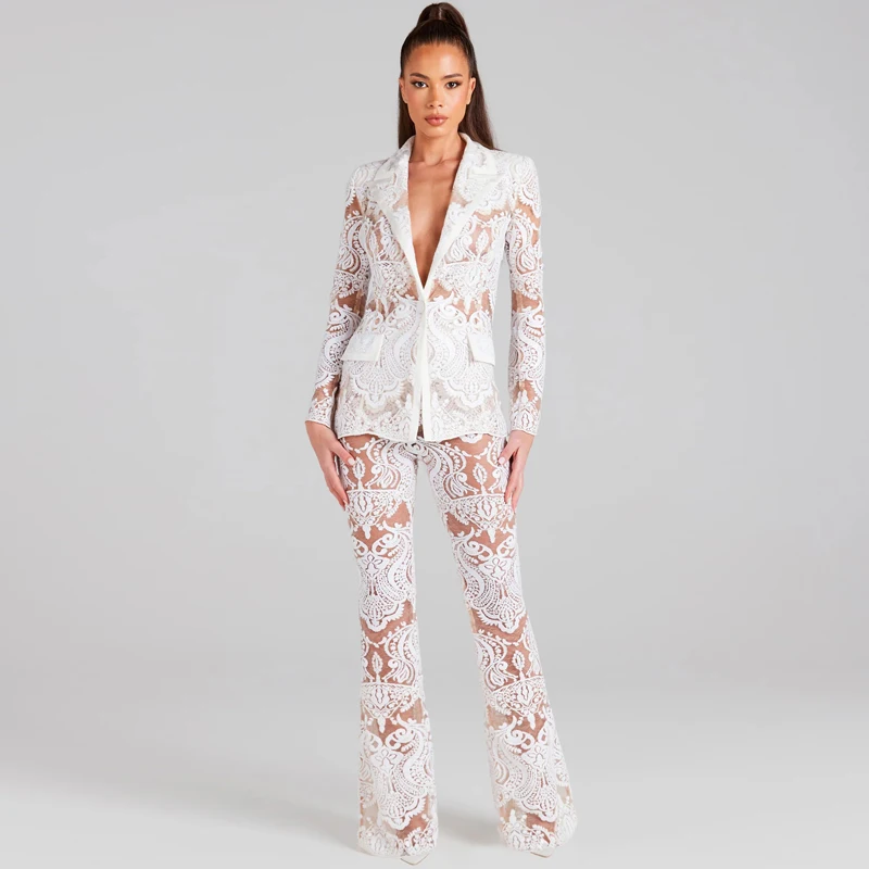 MSMUSI 2024 New Women Sexy Lace Mesh Sequins Hollow Out Two Piece Set Bodycon Party Long Sleeve Blazer Top Long Pant Set Suit