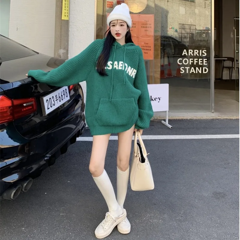 Women's Black Hoodies Pullover Knitted Sweater Vintage Harajuku Casual Y2k 90s Aesthetic Long Sleeve Knit Sweaters 2000s Clothes