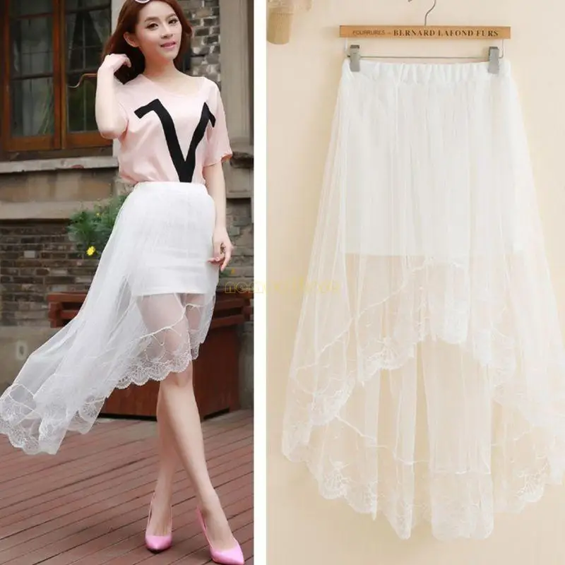 31BF 女性ガールズ夏ハイウエストレイヤードシアーメッシュアゲハミディロングスカート Asy