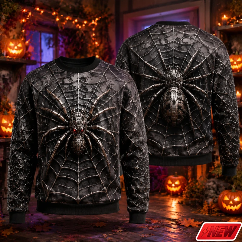 Horror Halloween Crewneck Sweatshirt Men 3D Print Mechanical Spider Pullover Scary Halloween Graphic Top Party Cosplay Hoodie