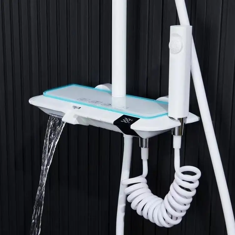 Constant Temperature Storage Piano Shower Set Ambient Light Digital Display Tempered Glass Bathroom Rain