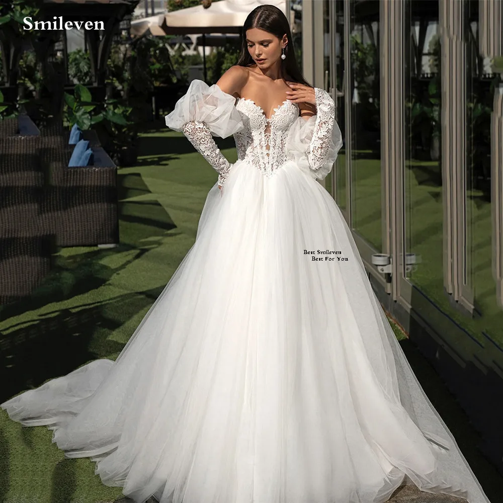 Smileven Top Lace Wedding Dresses A Line Long Sleeve Lace Appliques Bridal Gowns Puffy Tulle vestidos de novia 2026 Customized