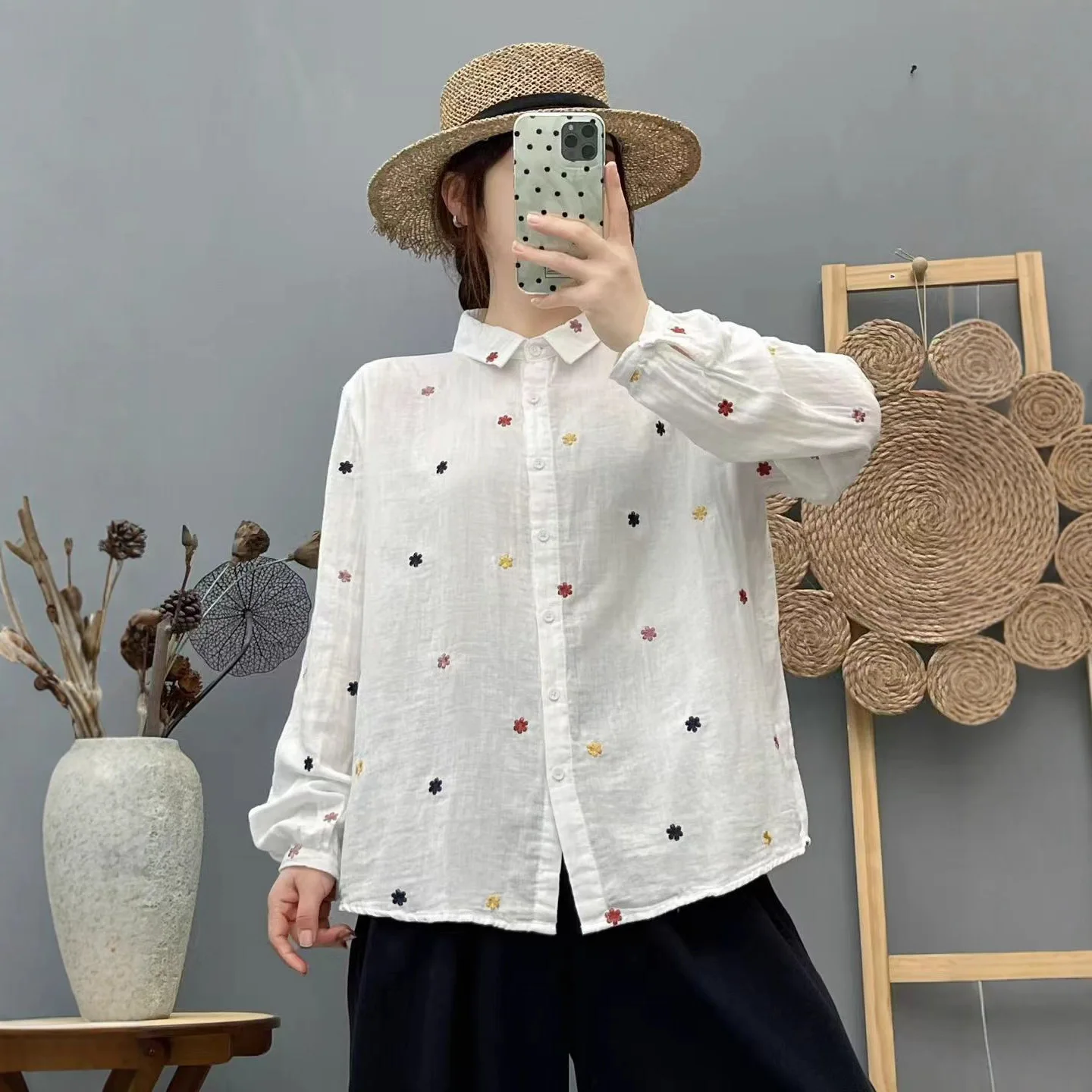 Sweet Embroidered Double Layer Cotton Long Sleeve Shirt Loose Slimming Top for Women Autumn Fashion Casual Comfortable Style