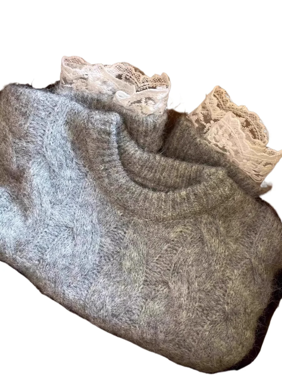 

Advanced Gray Cuffs With Lace Edges Sweater Women Autumn Winter Loose Lazy Thick Top Elegant Long Sleeved Round Neck Pullover