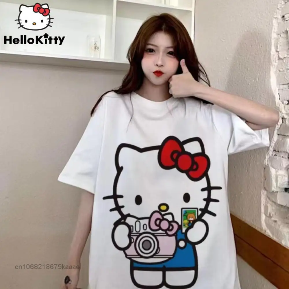 Kawaii Hello Kitty T-Shirt 100% Cotton Sanrioed Anime Oversize Top Summer Graffiti Loose Personality Sweet Girl Student Lovers