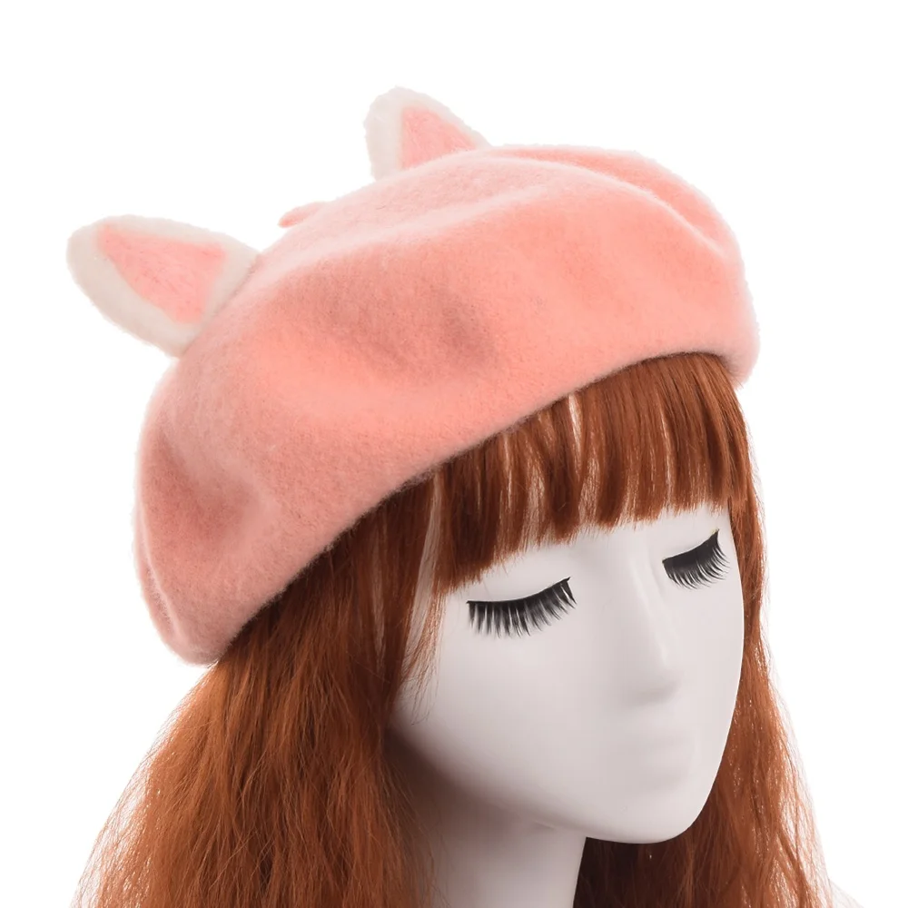 Cute Lolita Beret Handmade Pink Women Cat Ears Hat Woolen Beanie Cap